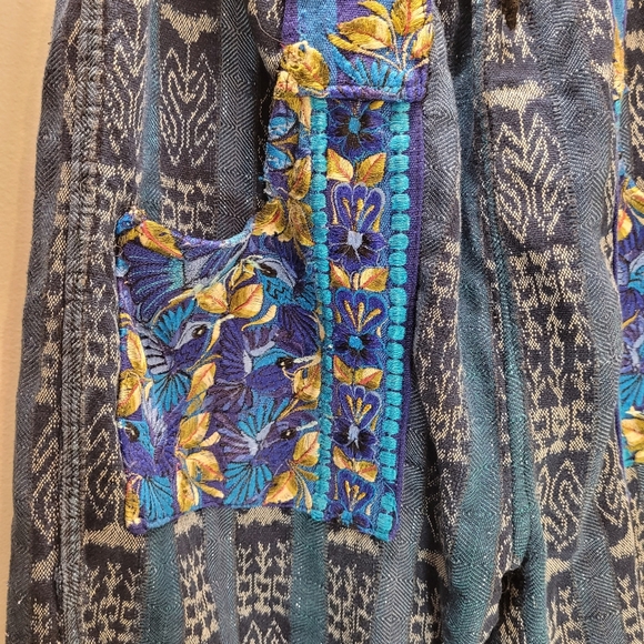 Guatemalan Bohemian Pants In Blue Turquoise Floral Embroidered- Onesize - Picture 4 of 8